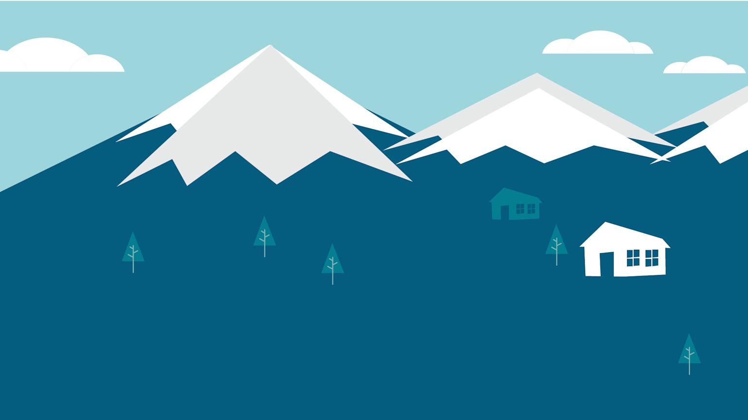 Illustrasjon i blått med fjell, hytte og trær.