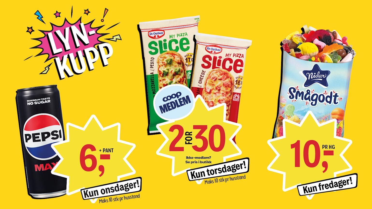 Lynkupp Coop Prix - Pepsi MAX, Dr. Oetker My Pizza Slice og Nidar smågodt