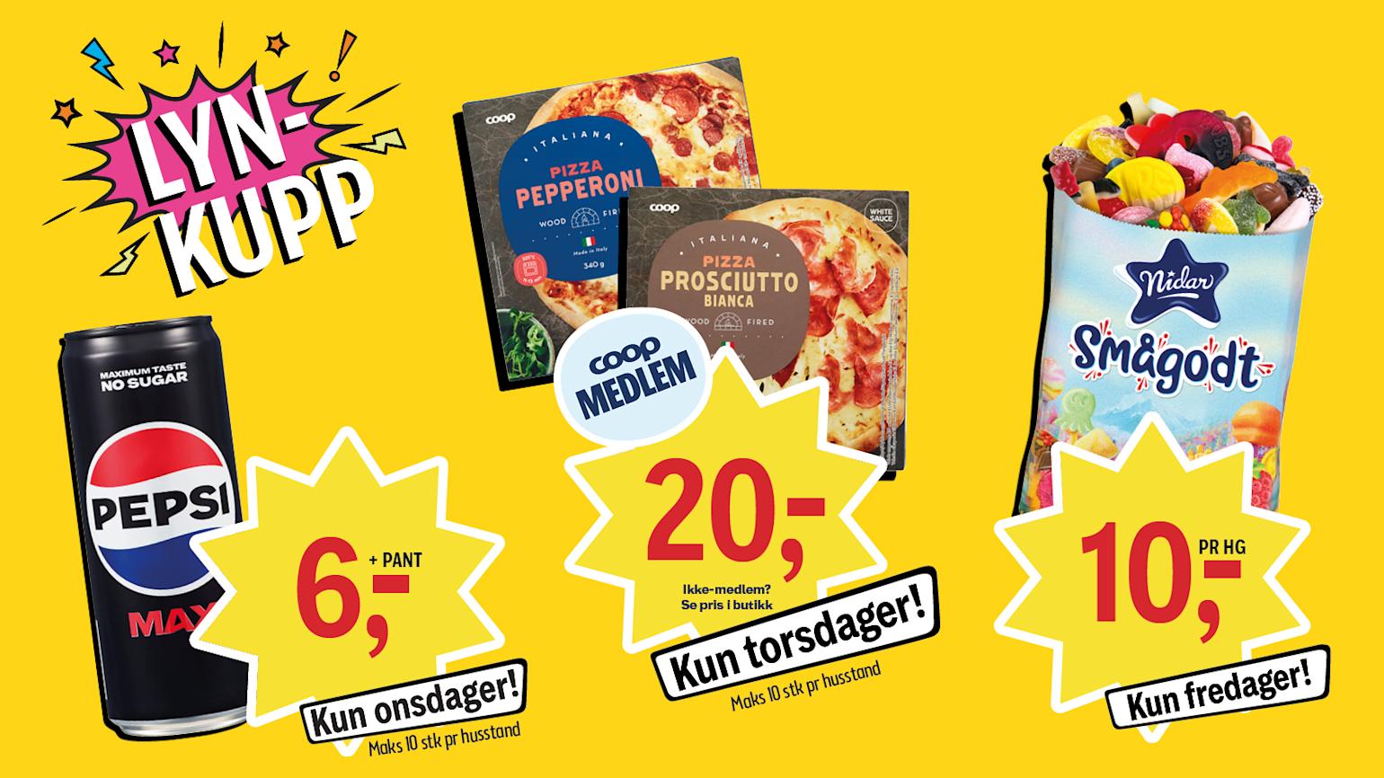 Lynkupp Coop Prix - Pepsi Max, Coop Pizza og Nidar smågodt