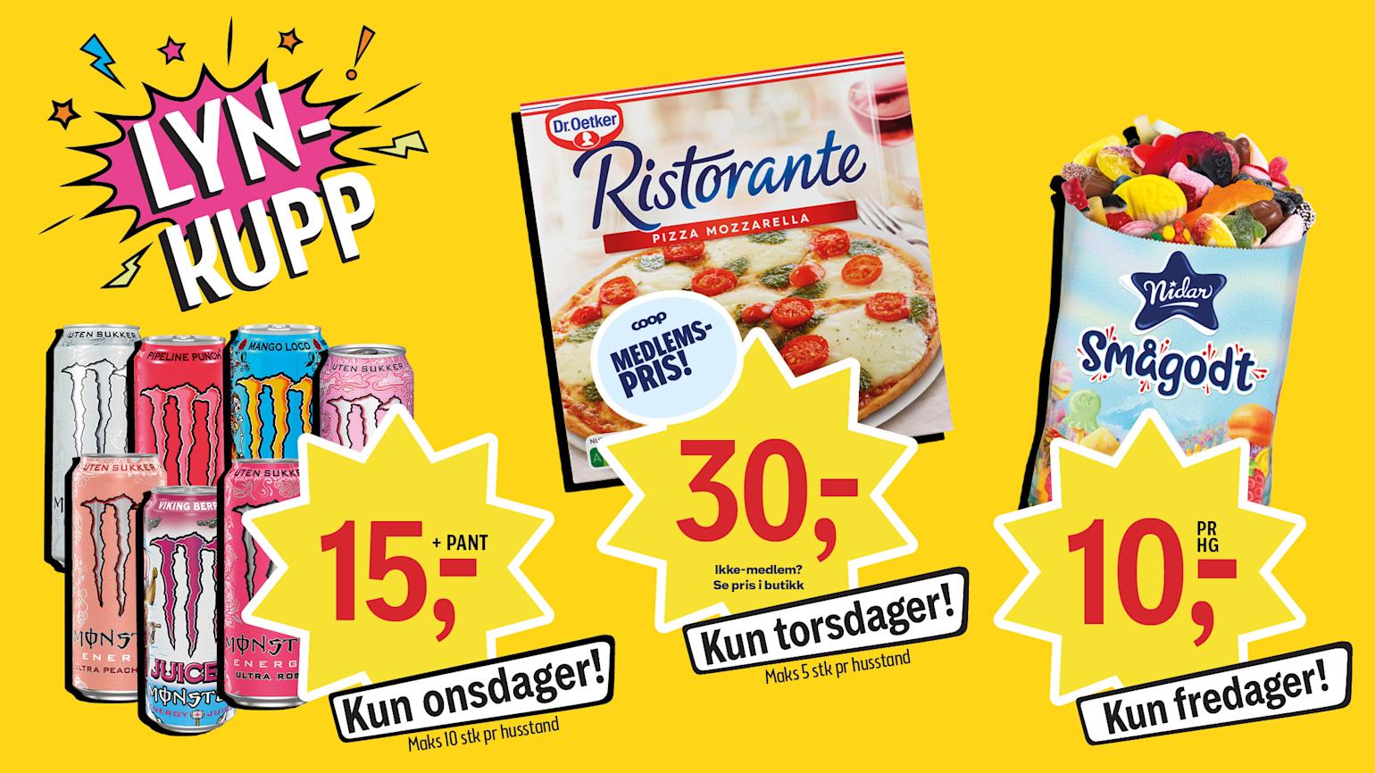Lynkupp Coop Prix - Monster, Dr. Oetker Risotrante og Nidar smågodt