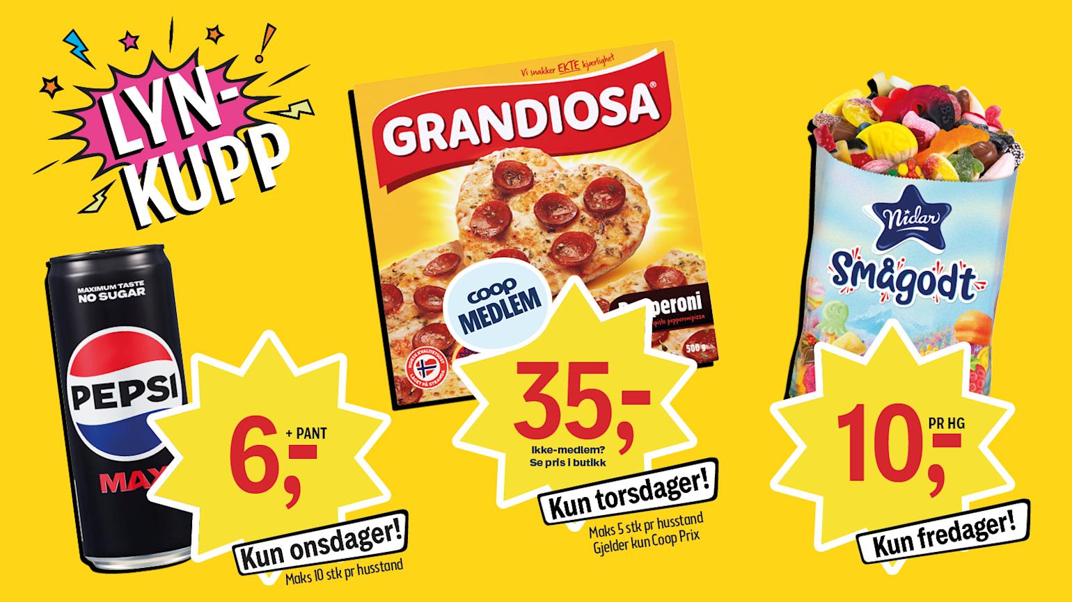 Lynkupp Coop Prix - Pepsi Max, Grandiosa og Nidar smågodt