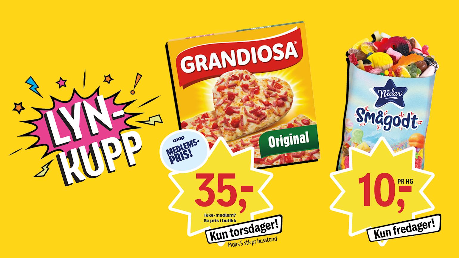 Lynkupp på Grandiosa Original og Nidar smågodt