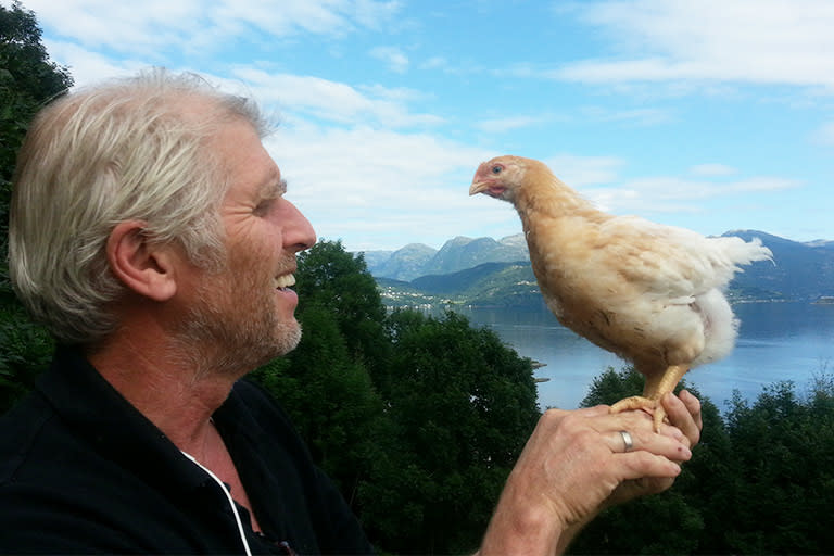 Mann holder høne med hardanger i bakgrunnen