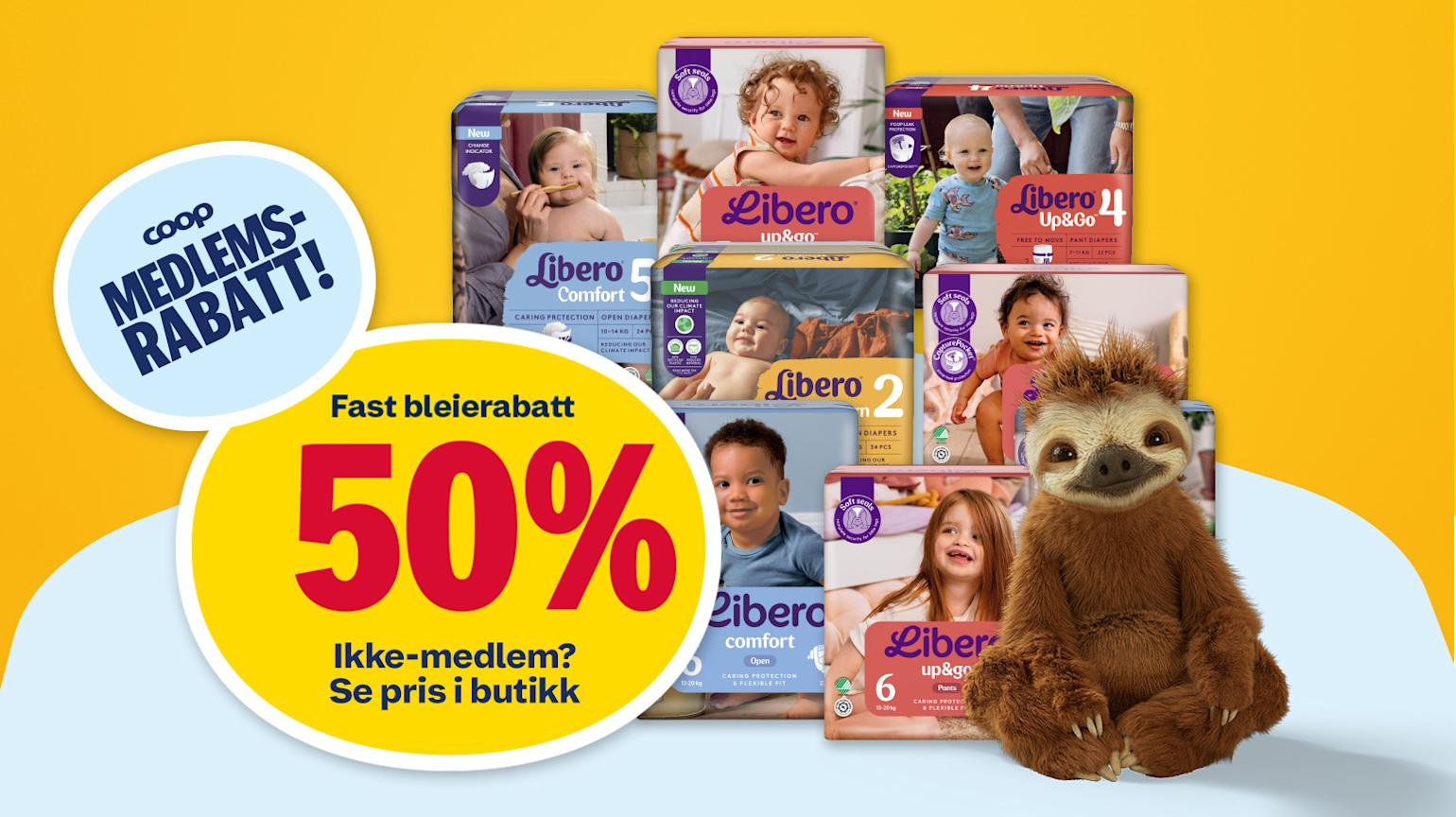 Coop Prix 50% medlemsrabatt på bleier. 
