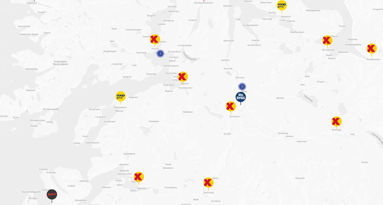 Kart over nord med pins hvor de ulike butikkene er.
