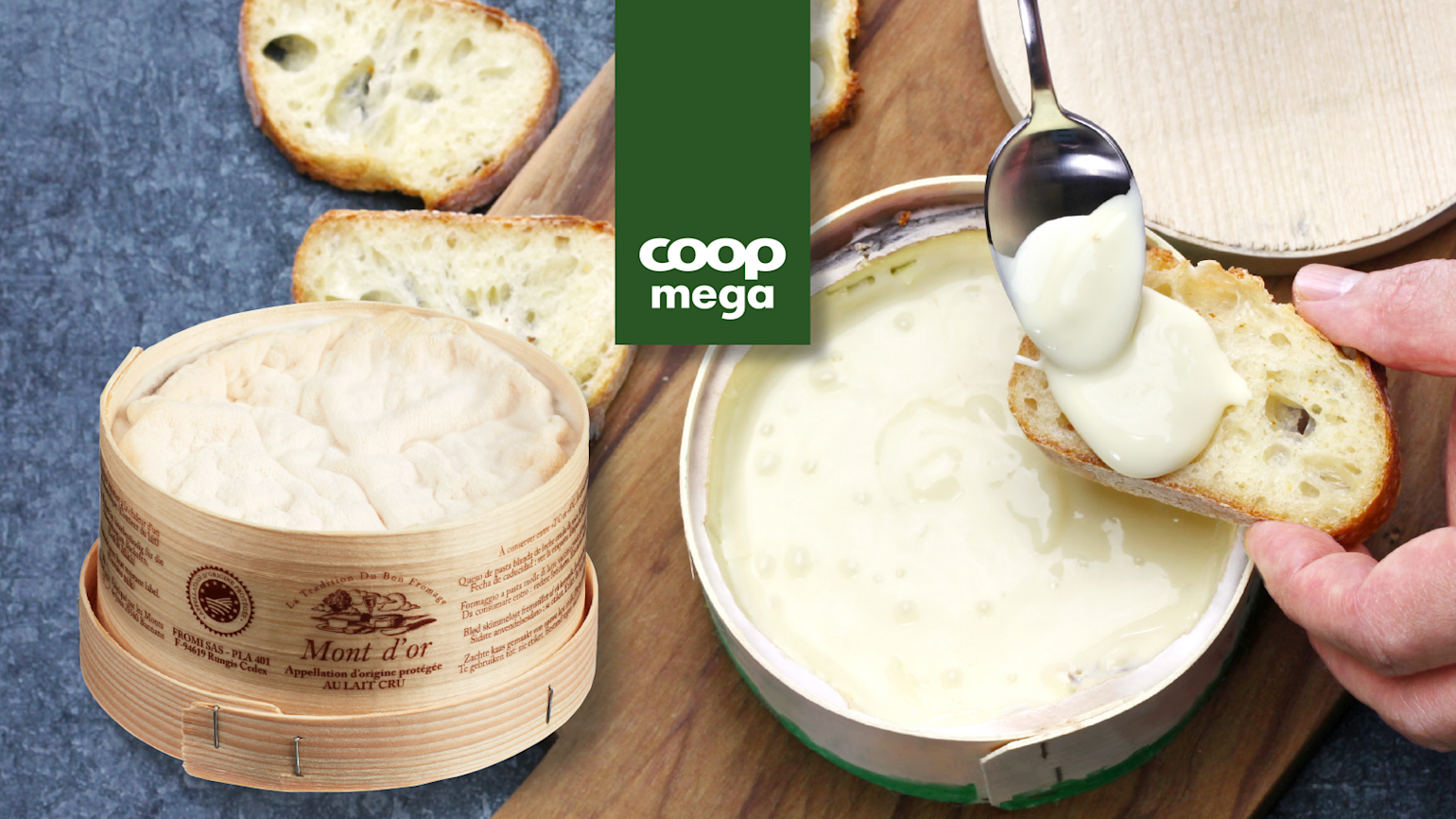 Mont d'Or-ost servert varm i treeske med smeltet, kremet ost på ristet brød, omgitt av skiver av surdeigsbrød. Coop Mega-logo i midten.
