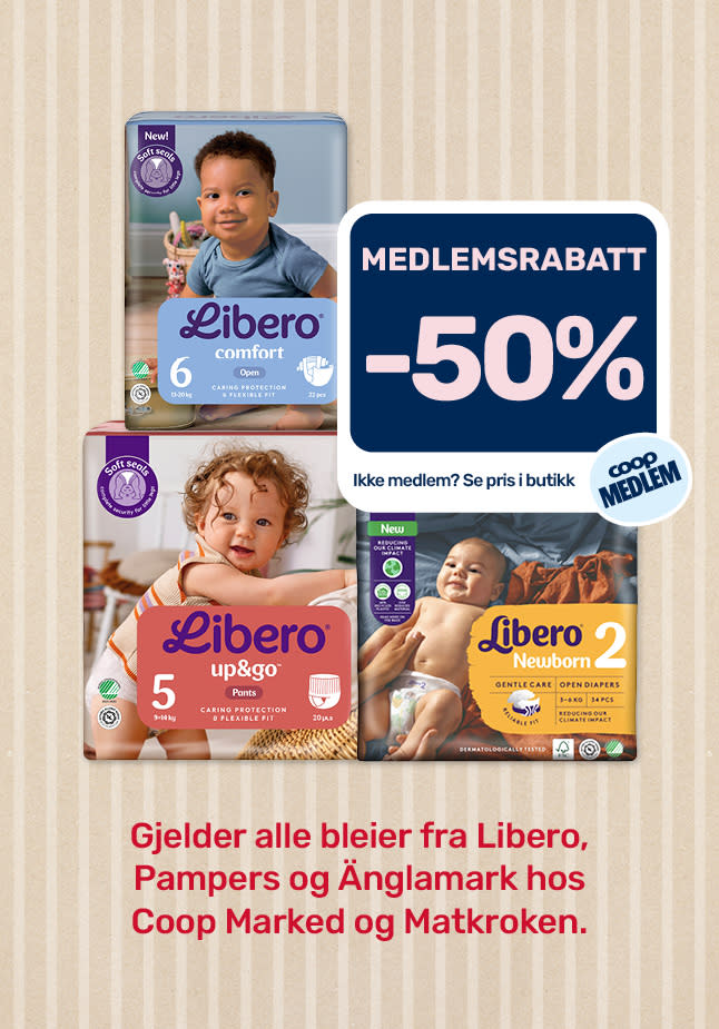 Marked og Matkroken 50% medlemsrabatt på bleier.