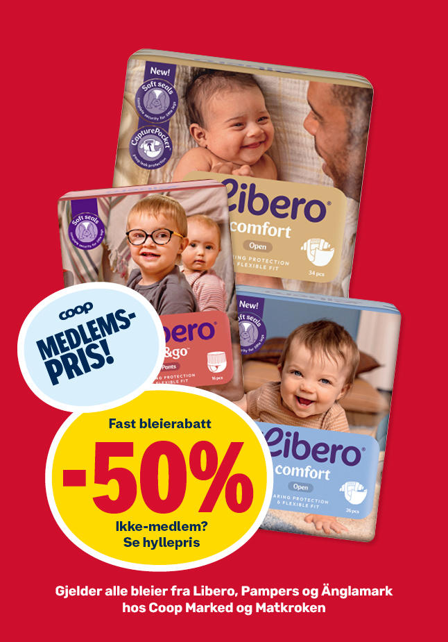 Marked og Matkroken 50% medlemsrabatt på bleier.