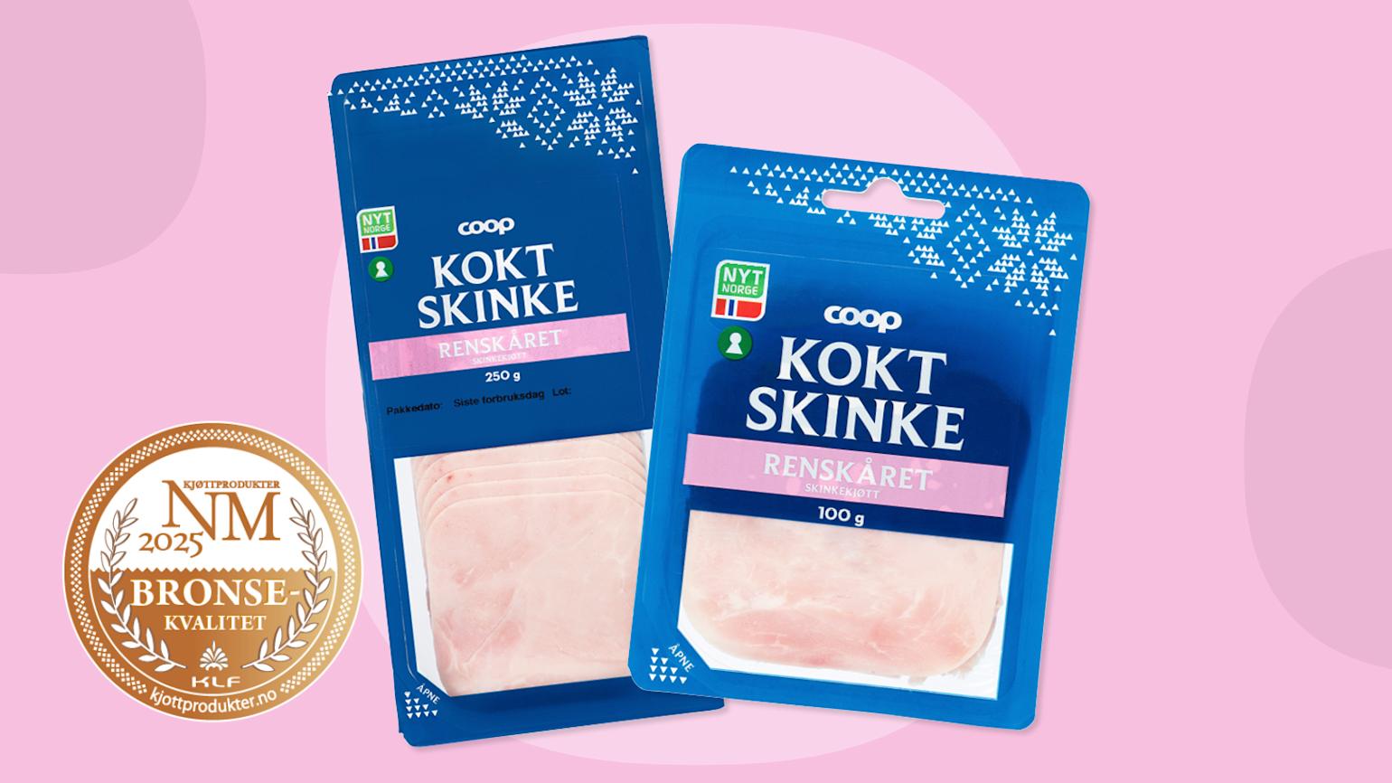 Coop Renskåret kokt skinke i to størrelser, bronsemedaljevinner i NM i kjøtt 2025, på rosa bakgrunn med bobler.