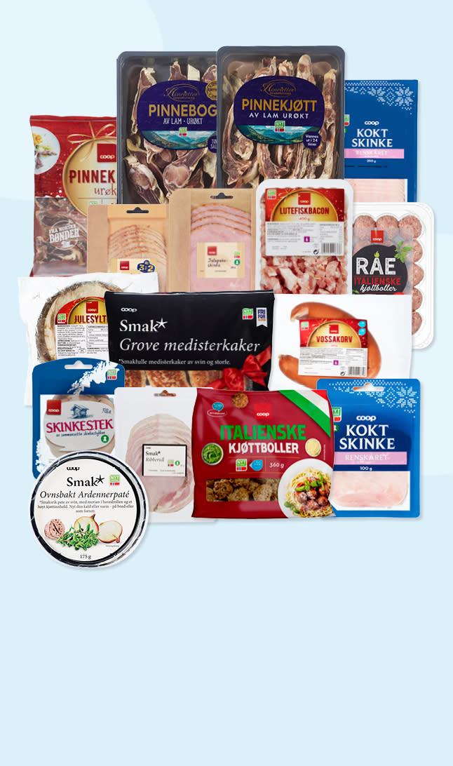 Prisvinnere fra Henriettes, Smak* og Coop i NM i kjøtt 2025 på lyseblå bakgrunn.