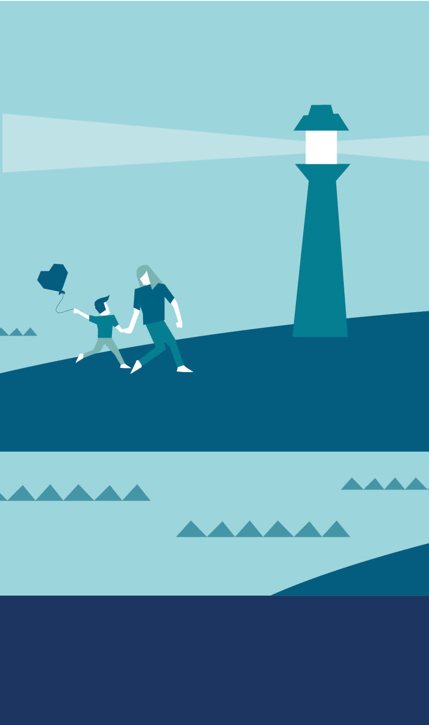 Illustrasjon i blått med et lystårn og mor og sønn med hjerteballong.