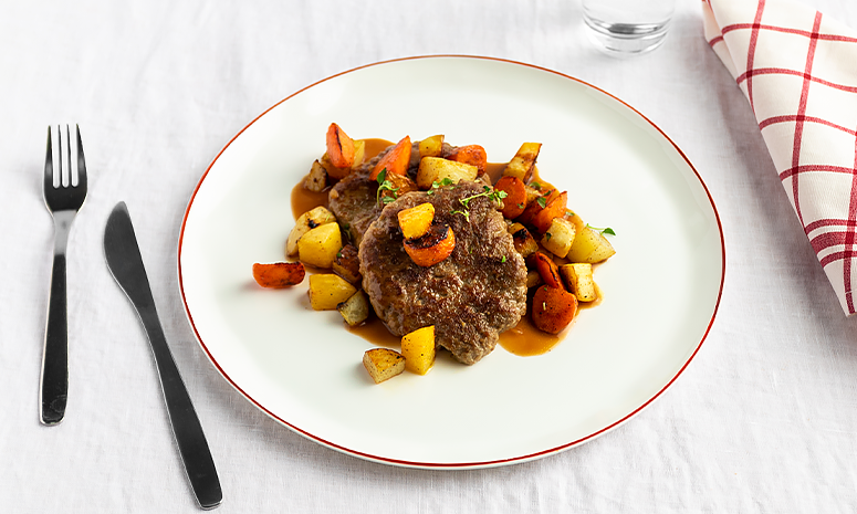 Karbonader med ovnsbakte poteter og rotgrønnsaker