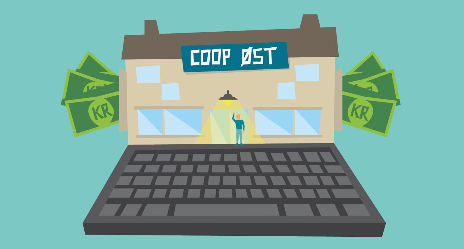 Illustrasjon av en data hvor skjerm er en bygning med penger rundt.