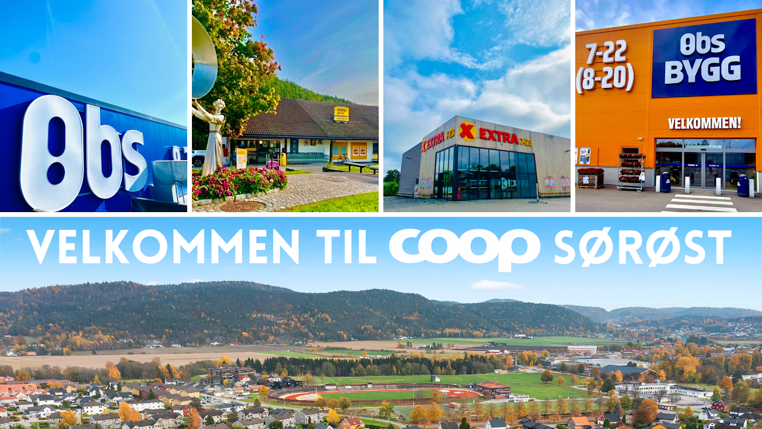 Femdelt bilde av diverse bygg rundt i Coop Sørøst. Lyse og glade farger.