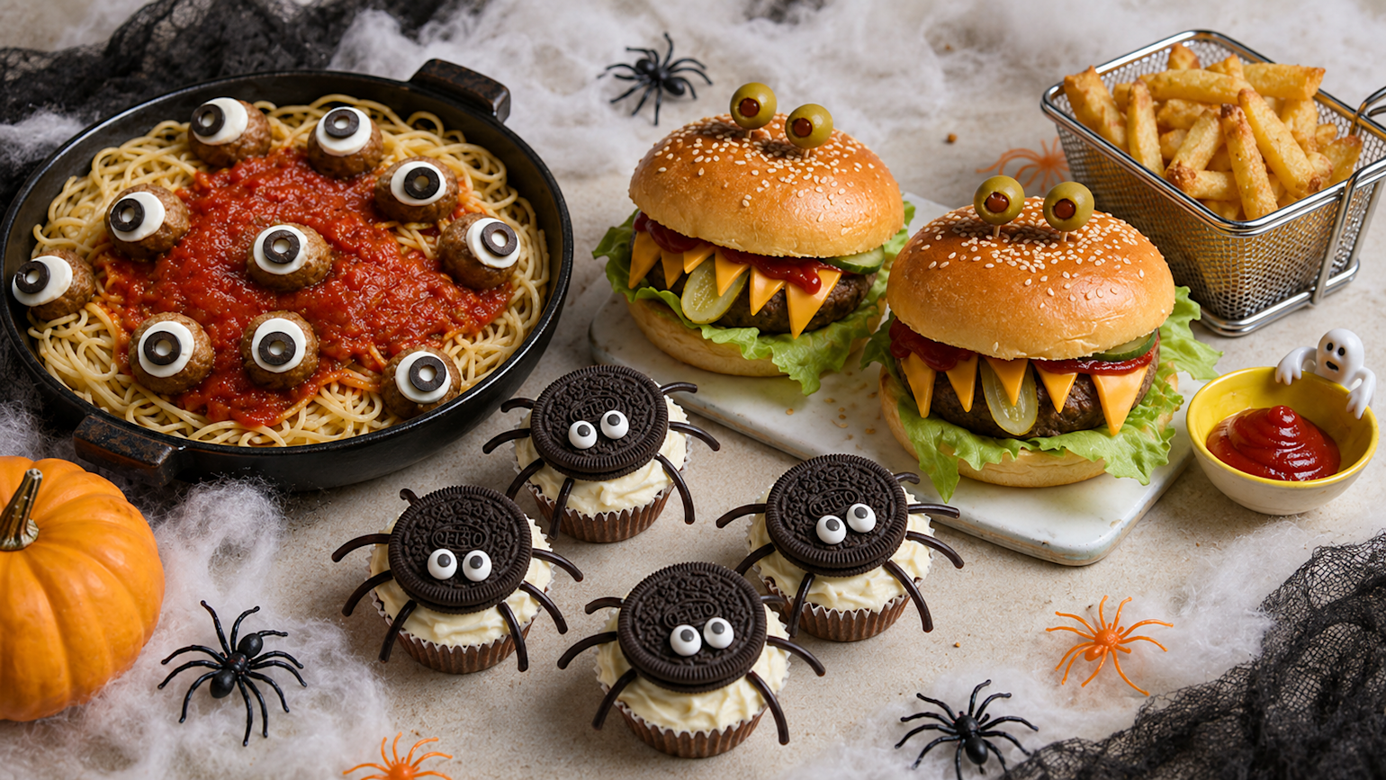 Halloween mat servert på bord med spindelvev, gresskar og plastederkopper.