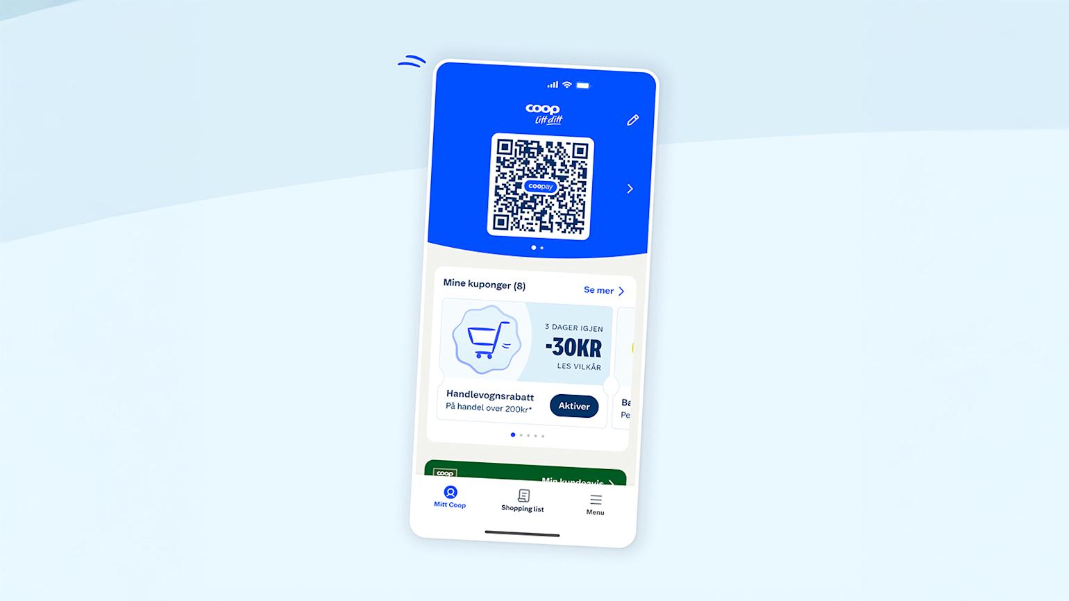 Illustrasjon av coop-appen med QR kode for å skanne