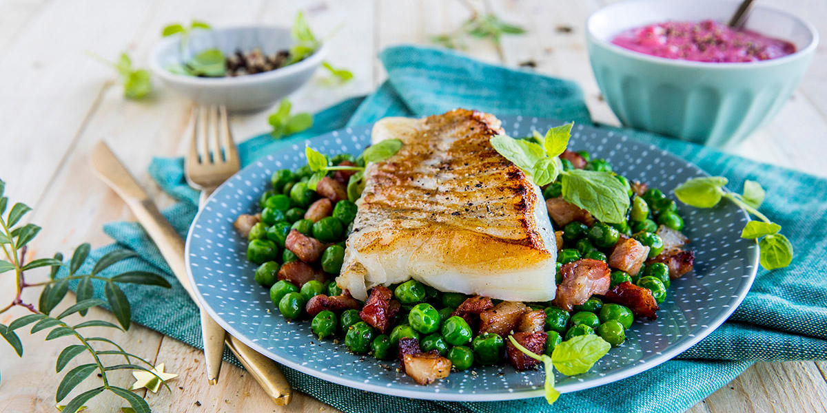Stekt torsk med bacon, mynte og rødbete- og potetpuré servert på blå tallerken med turkis tøyserviett under servert med erter og friske urter på trebord. Skål med rødbete- og potetpuré i bakgrunnen.