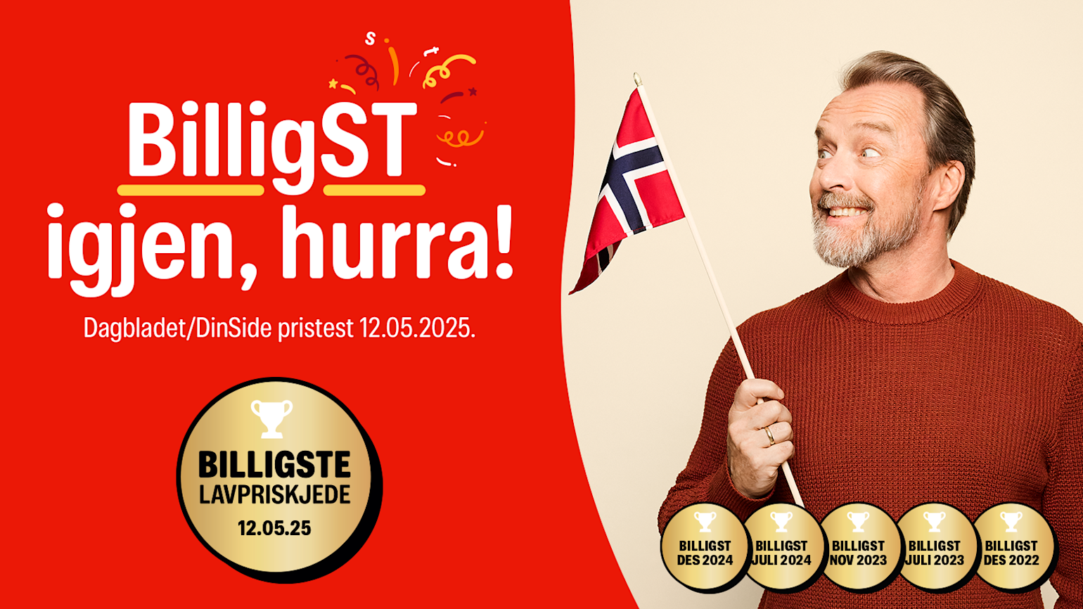 Billigst igjen, hurra! Mann veiver med norsk flagg