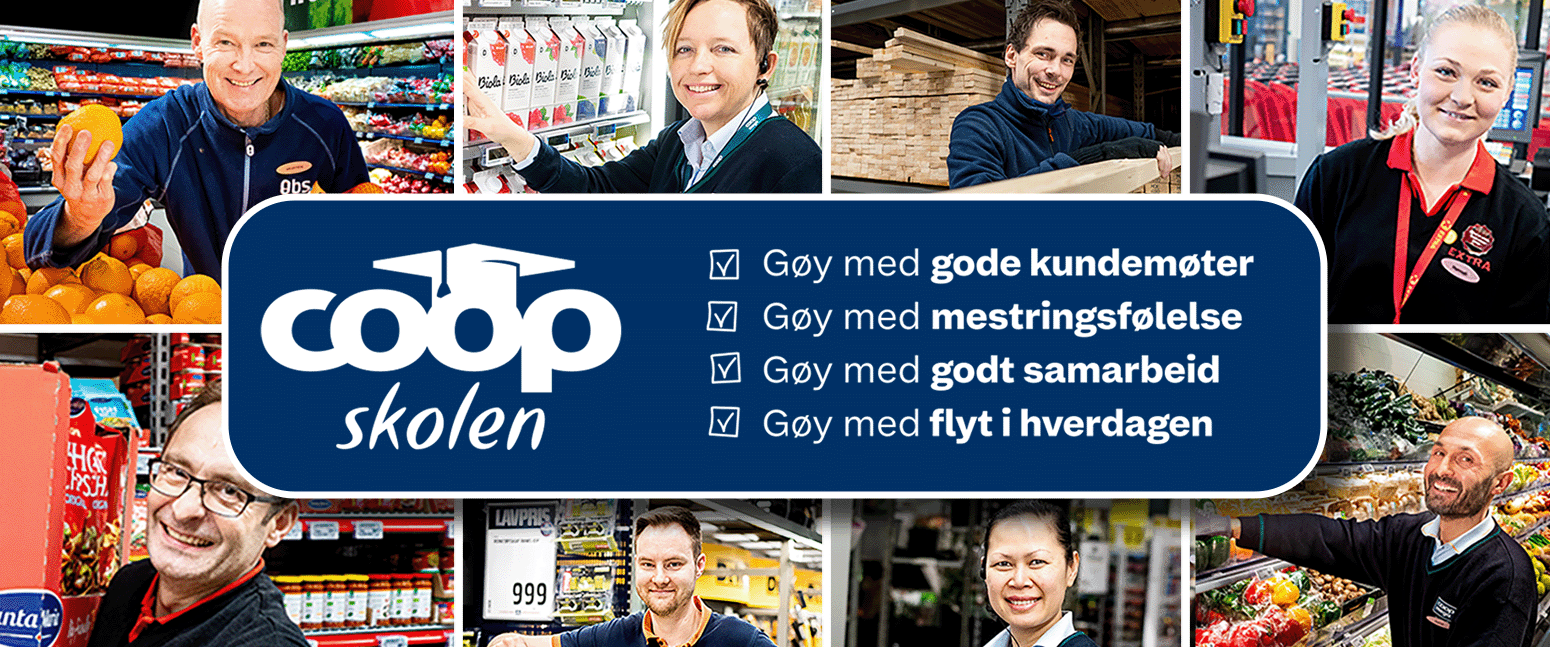 Bilde av coop ansatte med  hvit tekst og blå bakgrunn