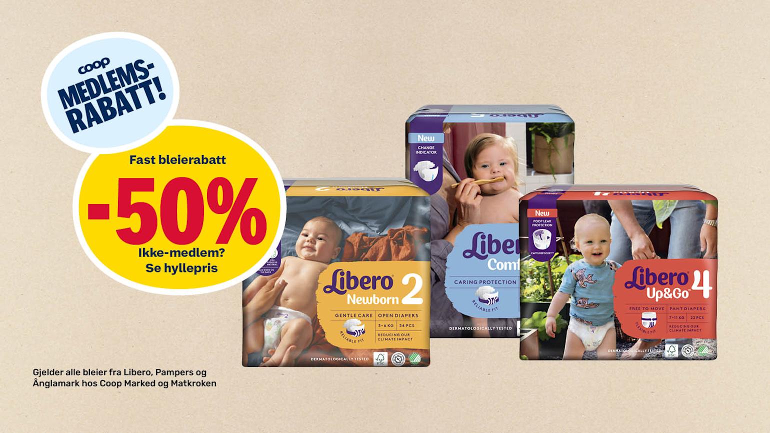 Marked medlemsrabatt på bleier 50%