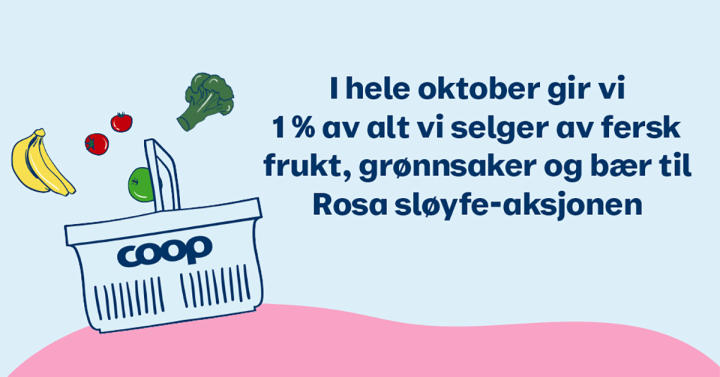 Grafikk med teksten "I hele oktober gir vi 1% av alt vi selger av fersk frukt, grønnsaker og bær til Rosa sløyfe-aksjonen" 