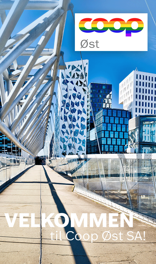 Oslo skyline med Coop Øst logo i Pride farger og "Velkommen til Coop Øst" i tekst
