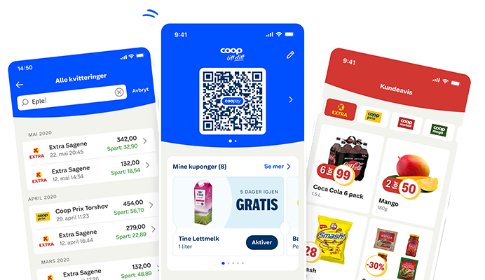 Bilde av telefon med Coop App på skjermen. 