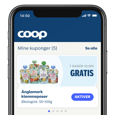Bilde av telefon med Coop App på skjermen. 