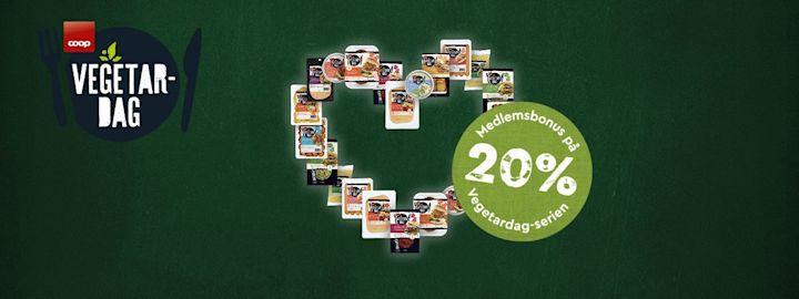 20 bonus på vegetarserien Vegetardag med logoen til Coop Vegetardag og et hjerte med bilder av ulike vegetardagprodukter. 