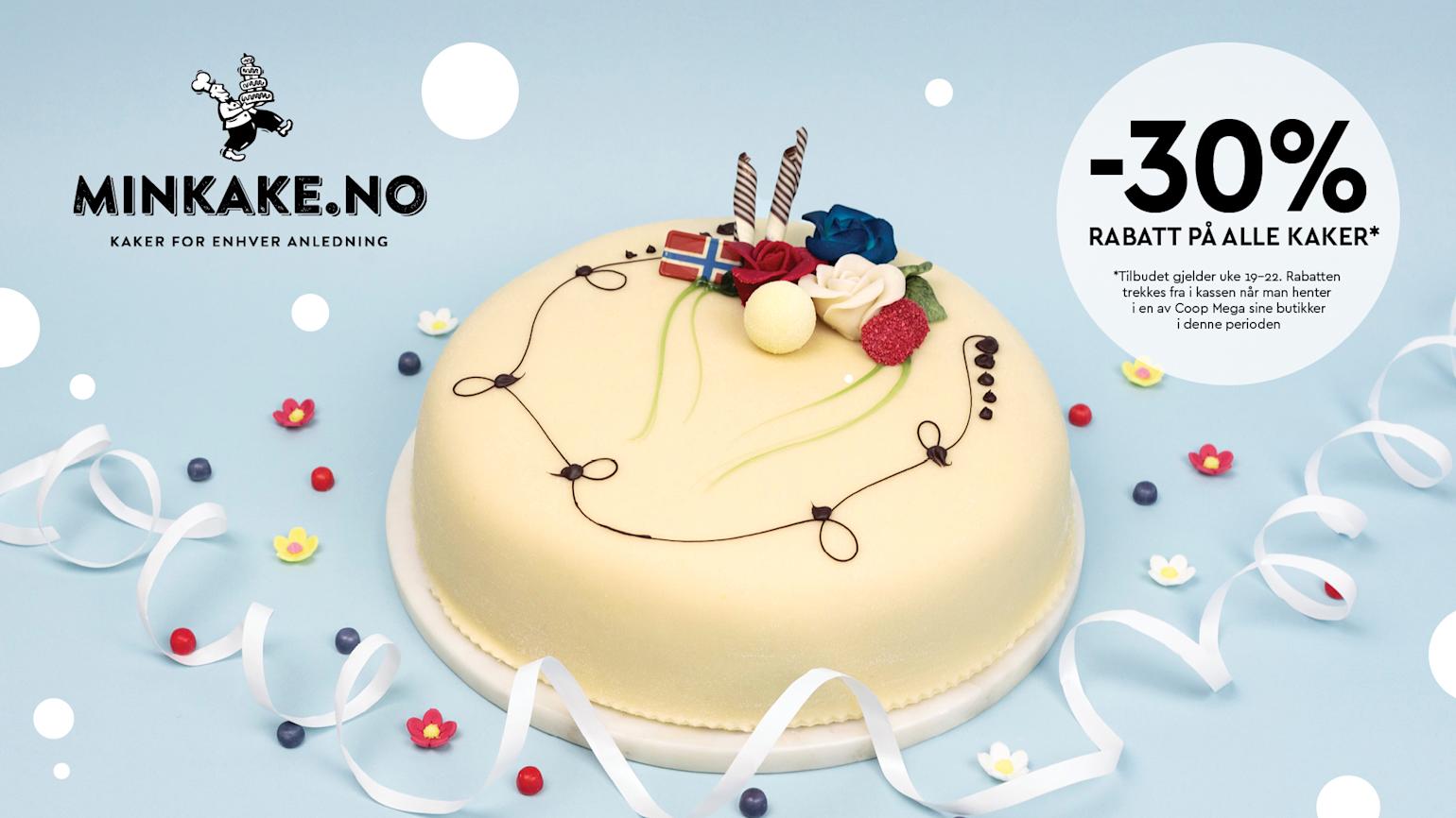 Min kake - Marsipankake på lys blå bakgrunn med MinKake logo og 30% merke