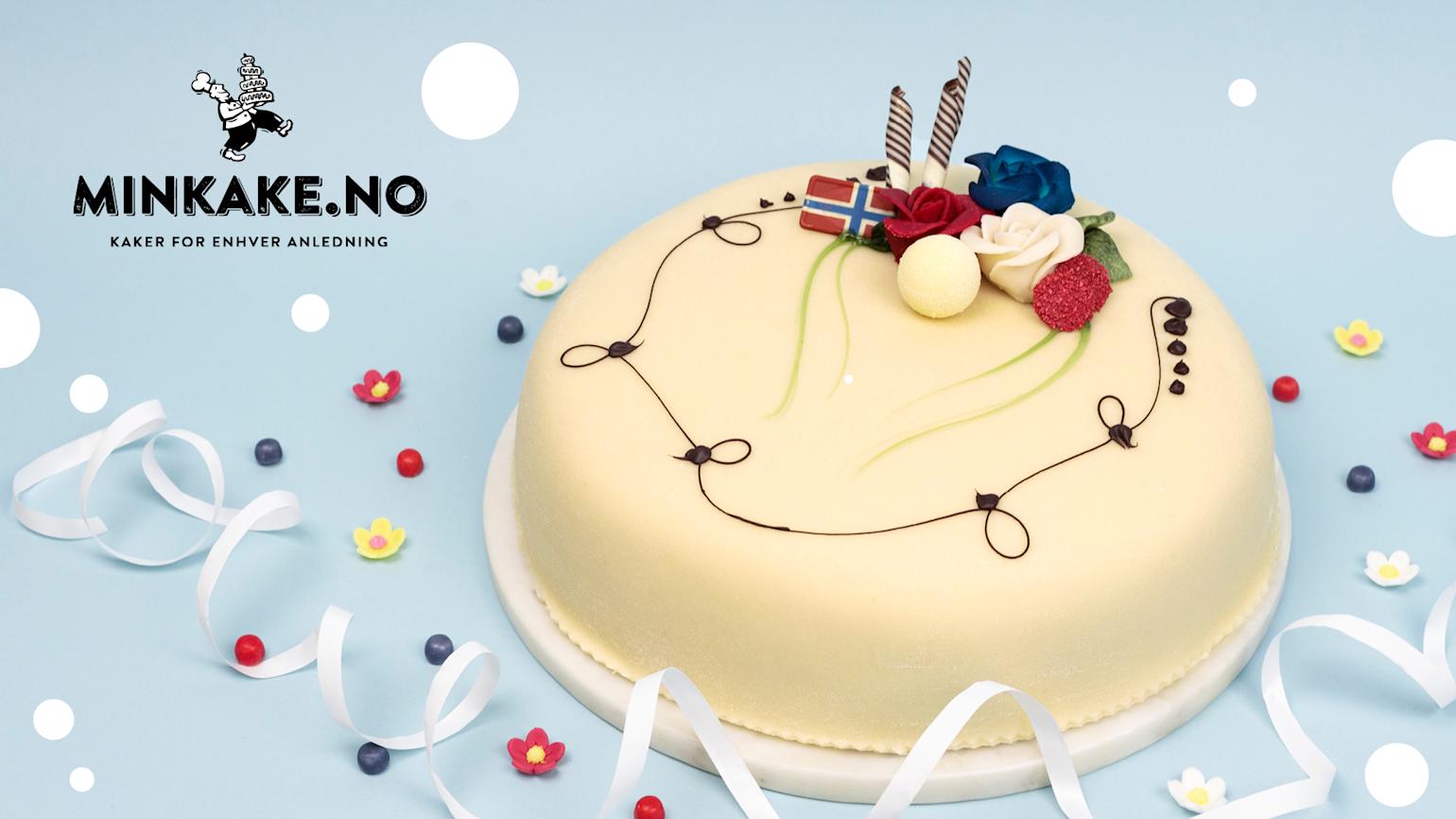Min kake - Marsipankake på lys blå bakgrunn med MinKake logo