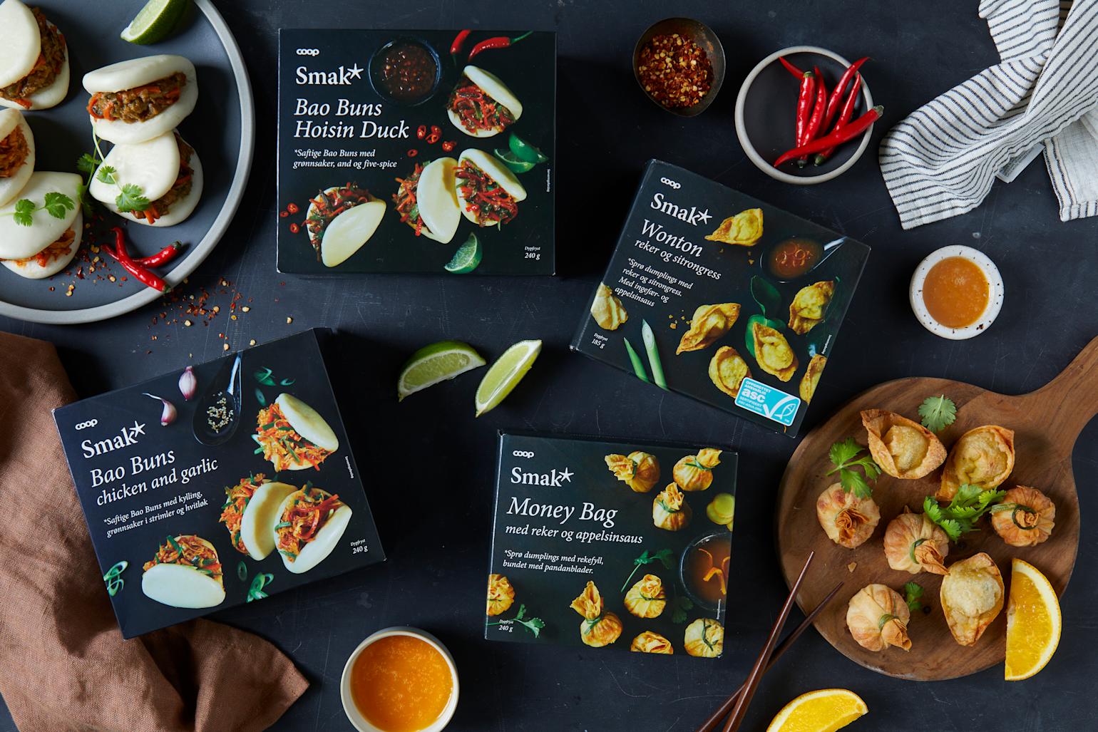 Bao Buns, Money bags og Wonton fra Smak*serien på svart bakgrunn