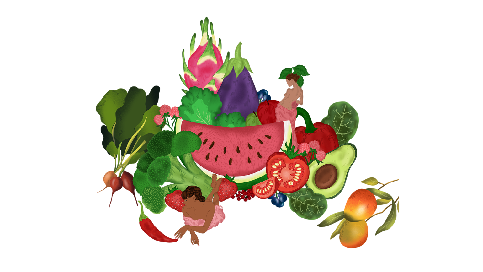 Illustrasjon av frukt og grønnsaker med innslag av kvinner