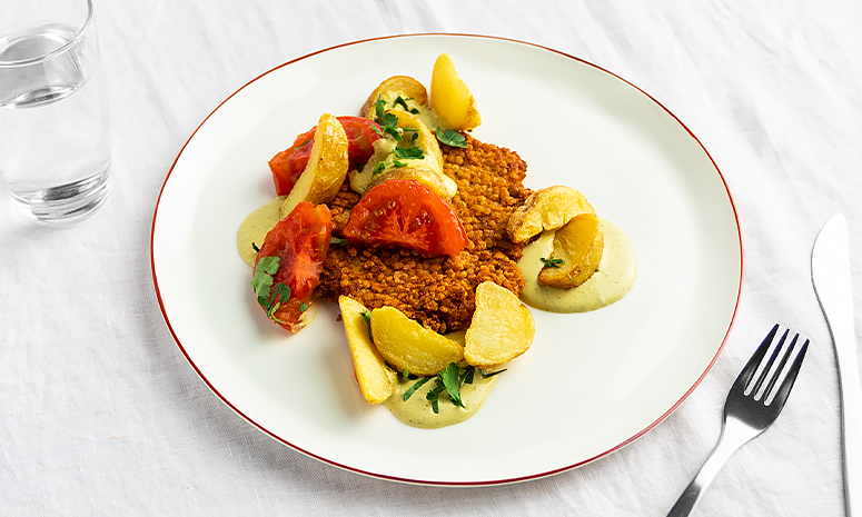 Vegansk burger med pesto og potetbåter