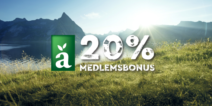 20 % medlemsbonus på Änglamark med bakgrunnsbilde av fjell, gresslette og hav. 