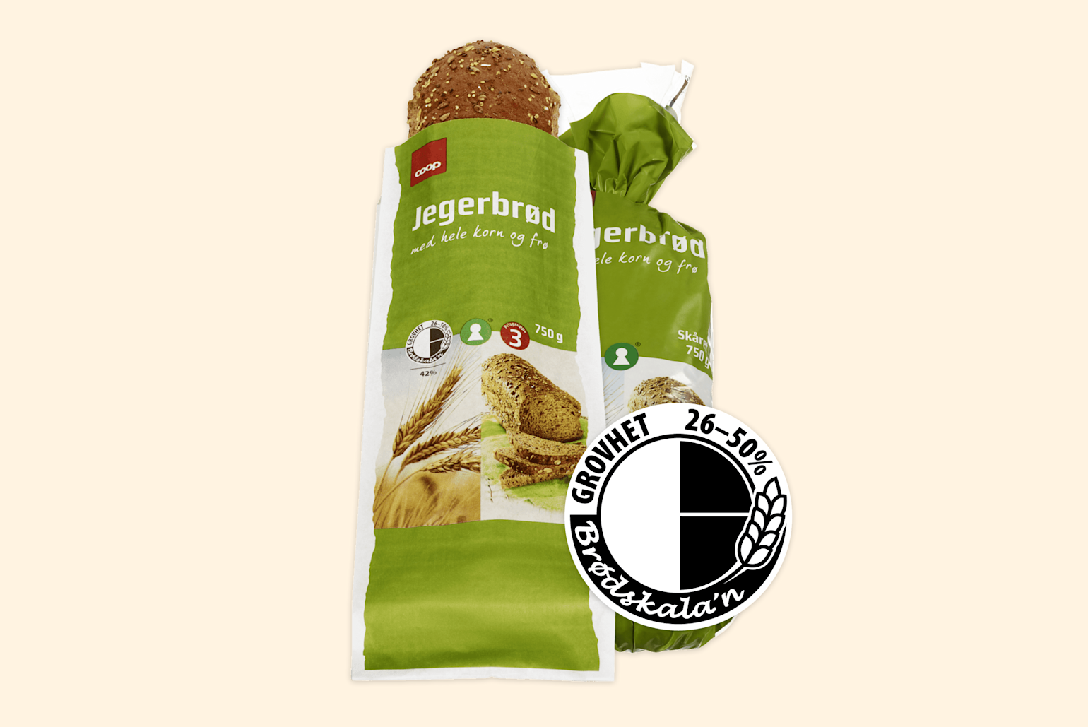 Jegerbrød fra Coop i grønn og hvit brødpose