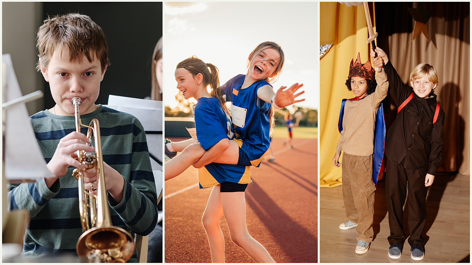Tre bilder av barn som deltar i ulike skoleaktiviteter: en gutt spiller trompet i musikkundervisning, to jenter har det gøy sammen på en friidrettsbane, og to barn opptrer i kostymer på en teaterscene.