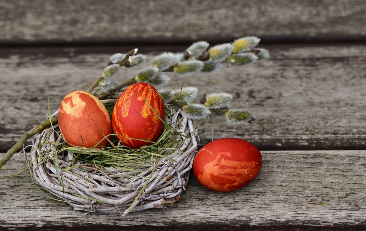 Påskeegg i et rede på et trebord utendørs (Easter)