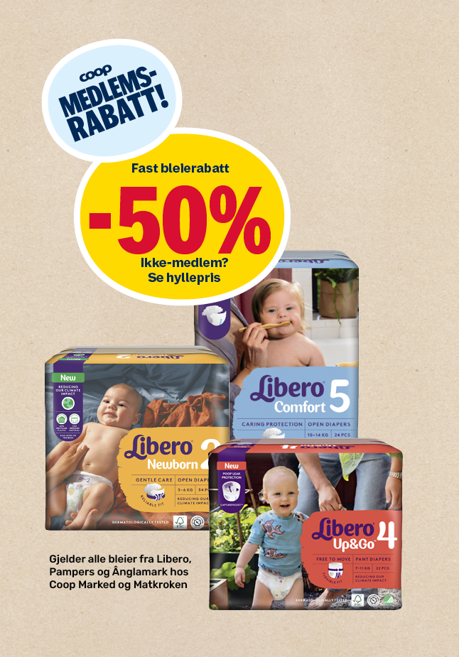 Marked og Matkroken 50% medlemsrabatt på bleier.