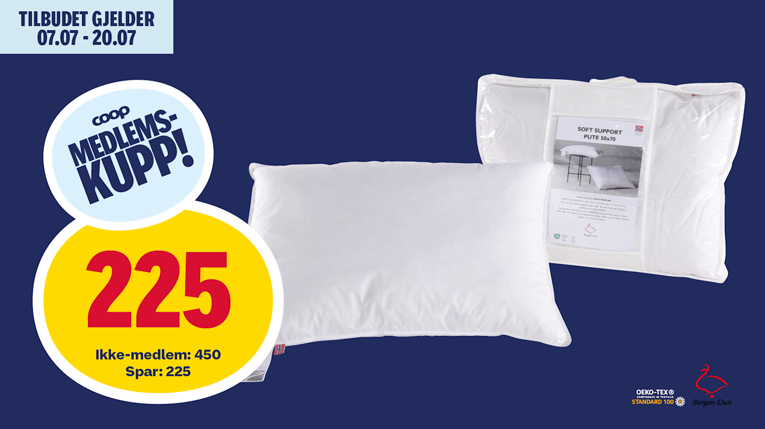 Bergen Dun Soft Support dun og fiber hodepute