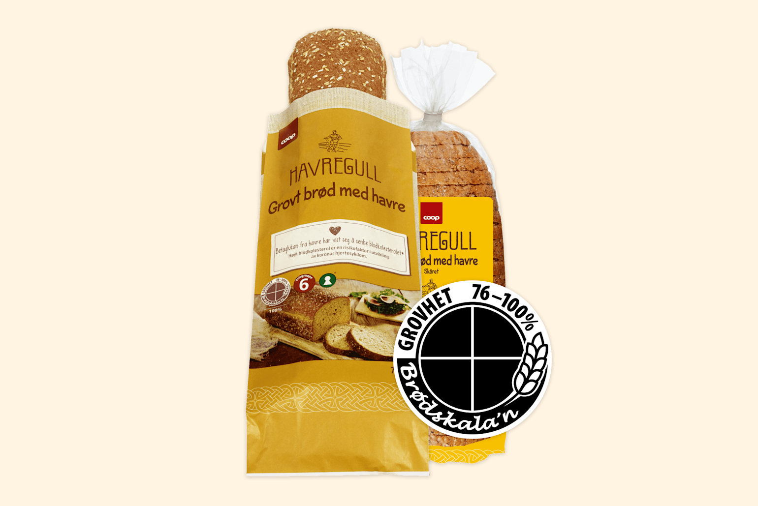 Havregull brød i en gul brødpose med brødet stikkende ut 