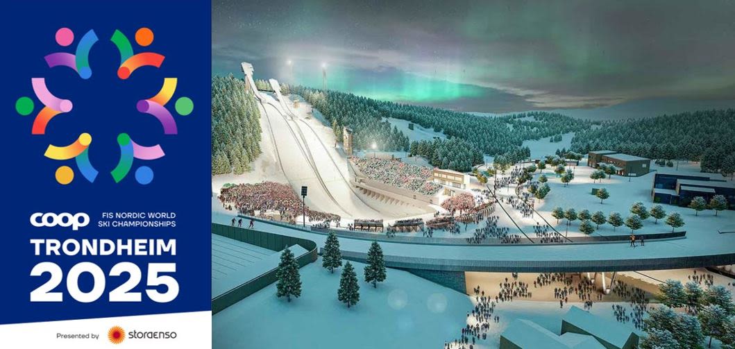 Offisiell VM 2025 logo med fiktivt bilde av anlegget i Trondheim