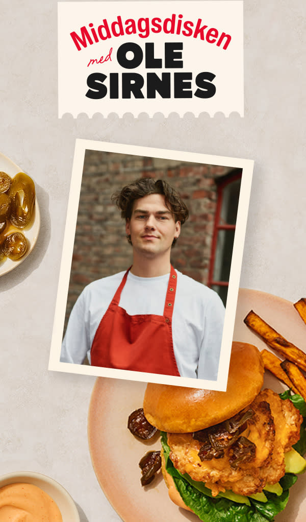 Hamburger med pommes frites og teksten "Middagsdisken med Ole Sirnes" over et bilde av en kokk med rødt forkle.