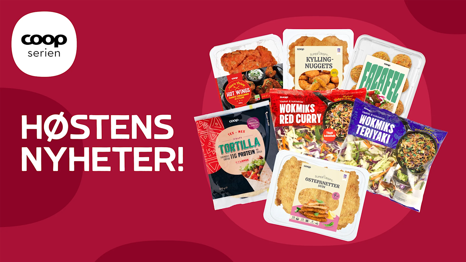 Et utvalg av høstens nyheter fra EMV Coop på dyp rød bakgrunn.