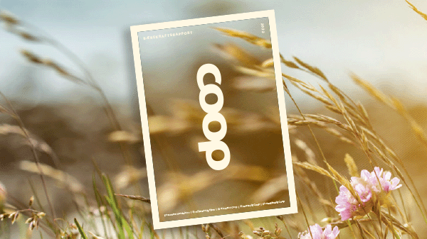 Coop bærekraftsrapport på en åker med en rosa blomst